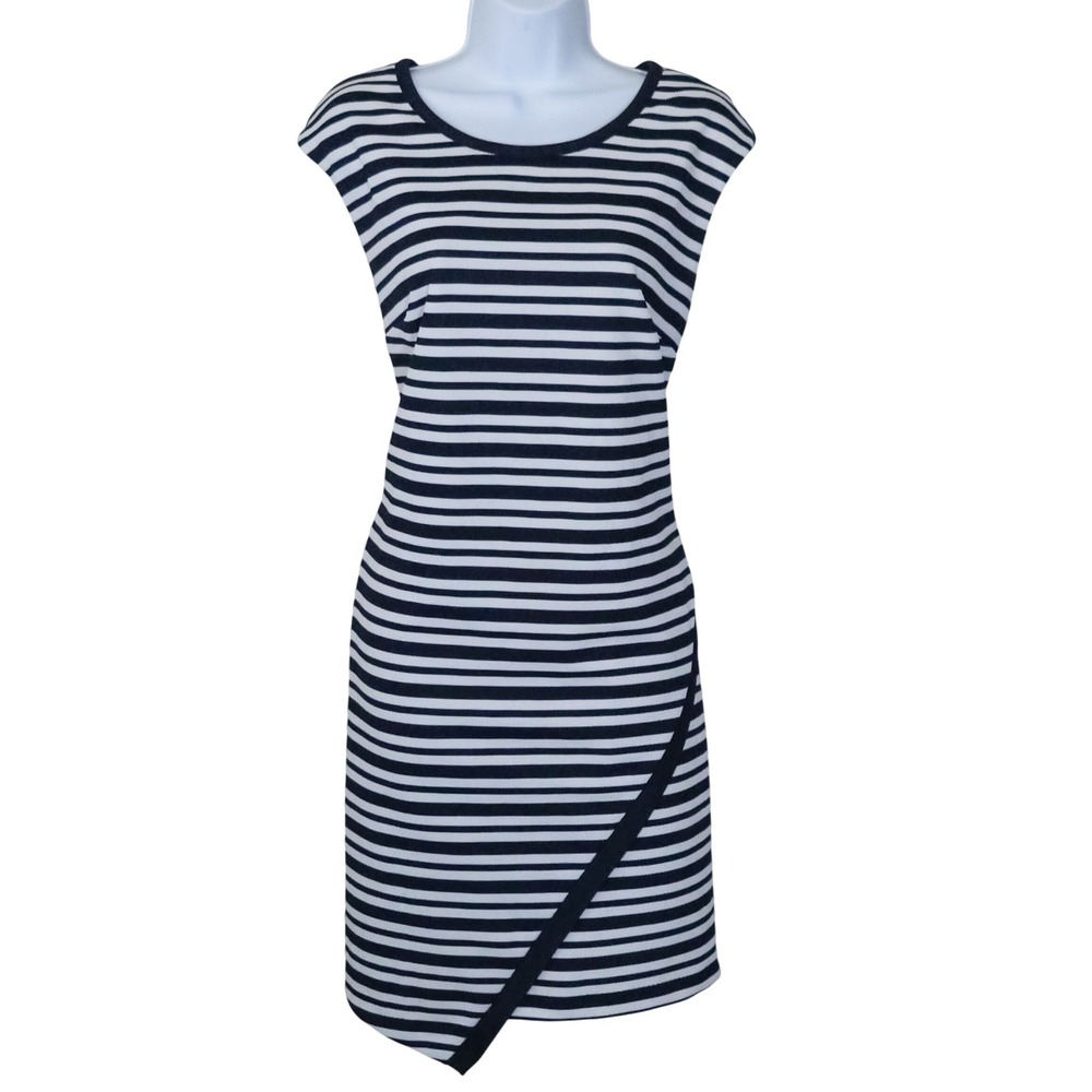 INC International Concepts Sheath Dress Women Large Navy Blue White Striped Mini